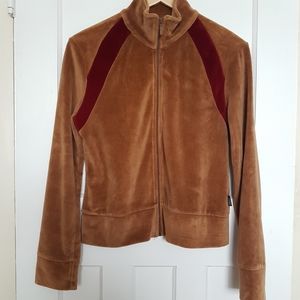 Roots Vintage Y2K Retro Velour Front Zip Funnel Neck Sweater Jacket Brown Sz M